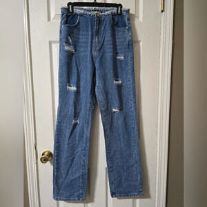 Pretty Little Thing High Waist Distressed Frayed Waist Straight Leg Jeans, EUC!
